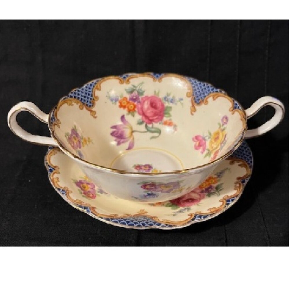 Rare Aynsley Bouillon Bowl & Saucer Wilton Blue Fish Scale Bone China Vintage